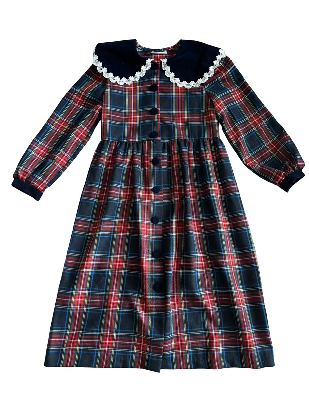 Vintage Bonnie Jean Plaid Long-Sleeve dress with Lace Collar Size S-M
